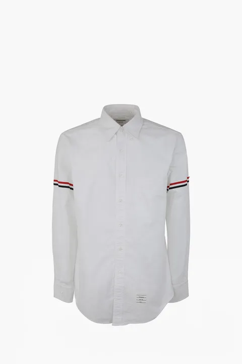 THOM BROWNE Men Oxford Striped Grosgrain Armband Classic Shirt in White Cotton