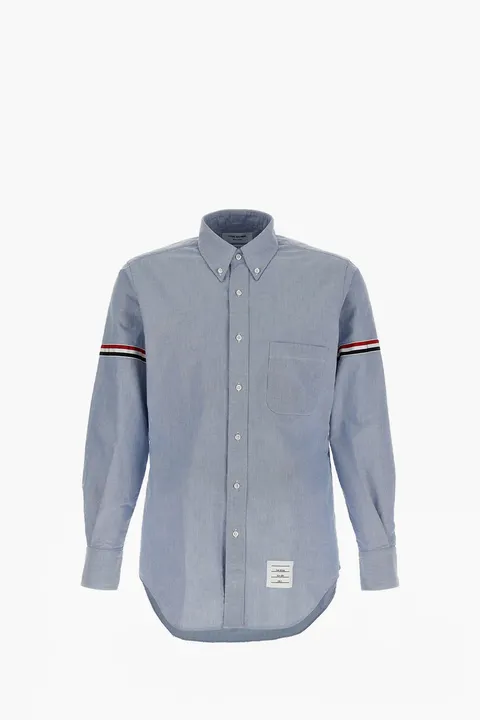 THOM BROWNE Men Oxford Striped Grosgrain Armband Classic Shirt in Light Blue Cotton