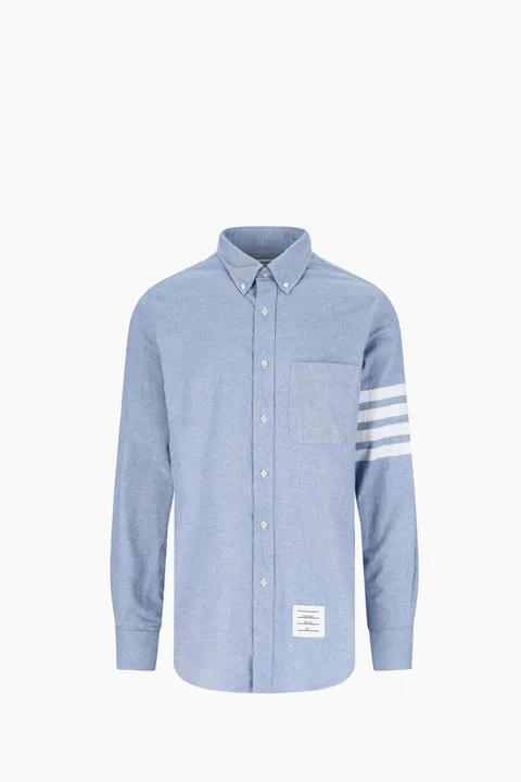 THOM BROWNE Man 4-Bar Flannel Shirt in Light Blue Cotton With Contrast