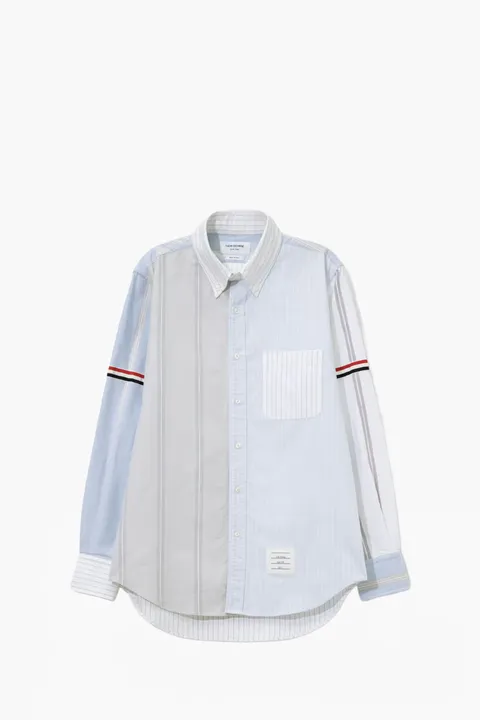 THOM BROWNE Men Funmix Oxford Striped Grossgrain Armband Shirt in Light Blue Cotton