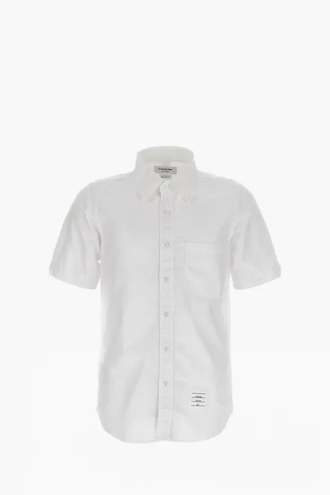 THOM BROWNE Men Oxford Grosgrain Placked Short Sleeve Shirt in White Cotton