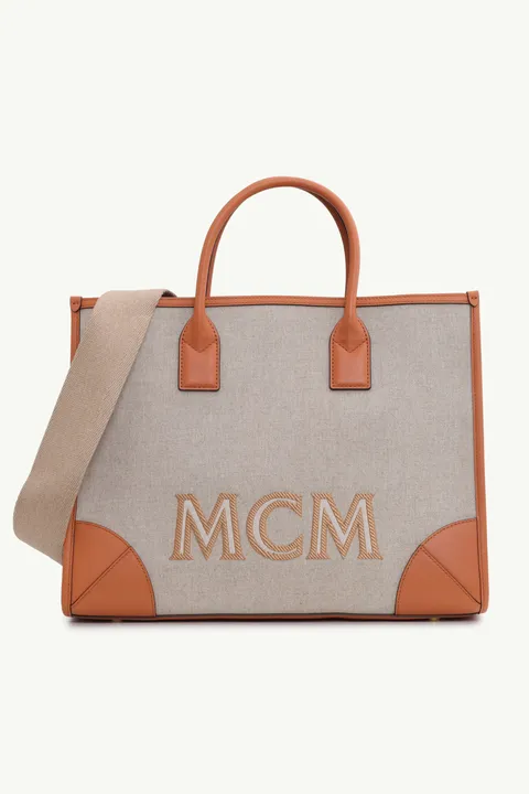 MCM Large München Tote Bag in Cognac Italian Canvas x Spanish Calf with Removable Pouch