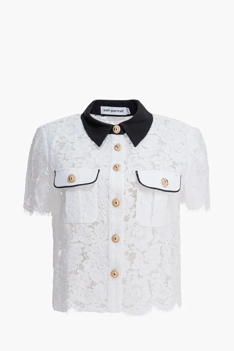 SELF-PORTRAIT Women Lace Contrast Collar Top in White Nylon
