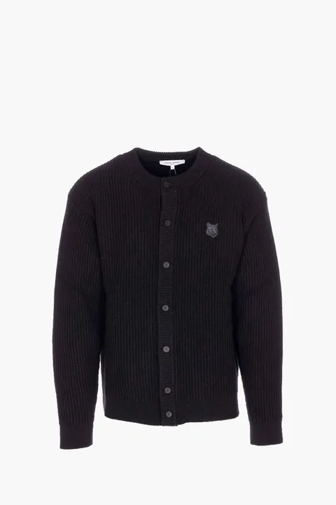 MAISON KITSUNE Men Fox Head Ribbed Cardigan in Black Wool