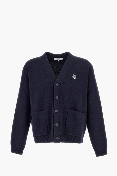 MAISON KITSUNE Men Fox Head Comfort Cardigan in Classic Navy Wool