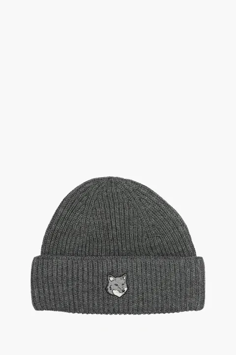 MAISON KITSUNE Fox Head Beanie in Dark Grey Melange Wool