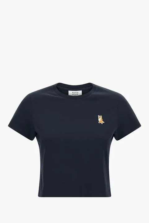 MAISON KITSUNE Women Standing Fox Cropped T-Shirt in Navy Cotton