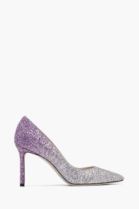 JIMMY CHOO Romy Pumps 85mm Glittered in Champagne/Pink Violet