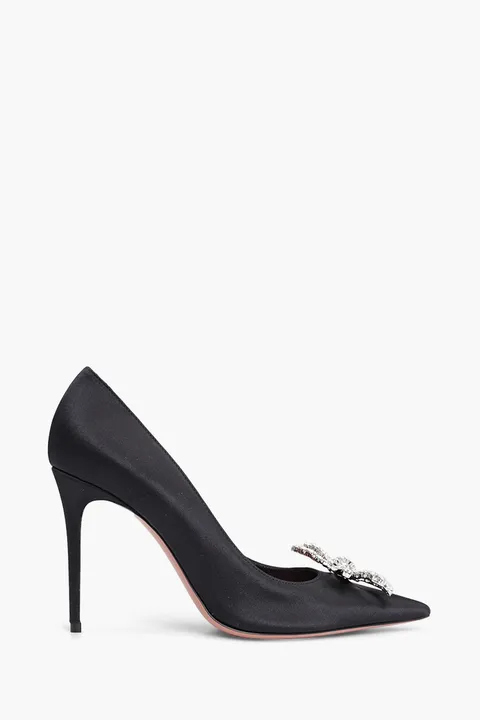 AMINA MUADDI Women Rosie Pumps 95mm in Black Satin with Crystal Bow