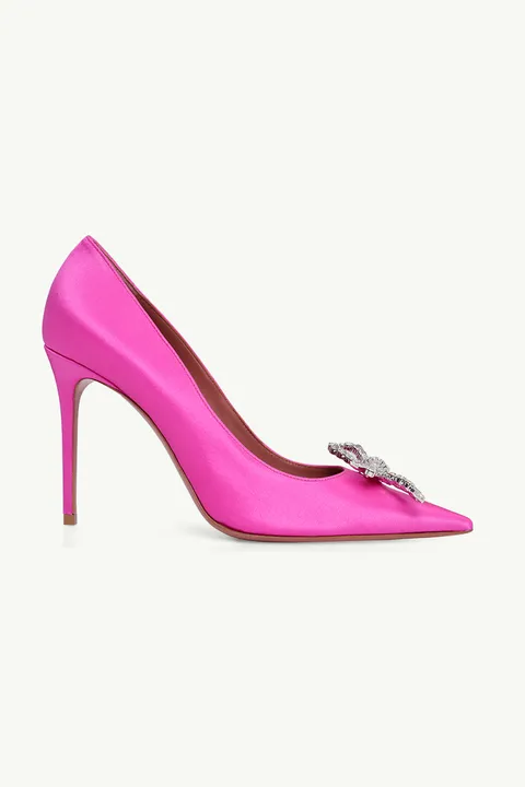 AMINA MUADDI Women Rosie Pumps 95mm in Cyclamen Satin with Crystal Bow