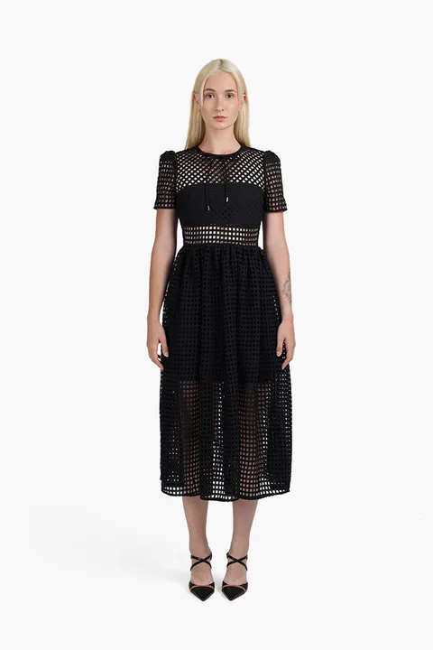 SELF-PORTRAIT Women Grid Lace Midi Dress in Black