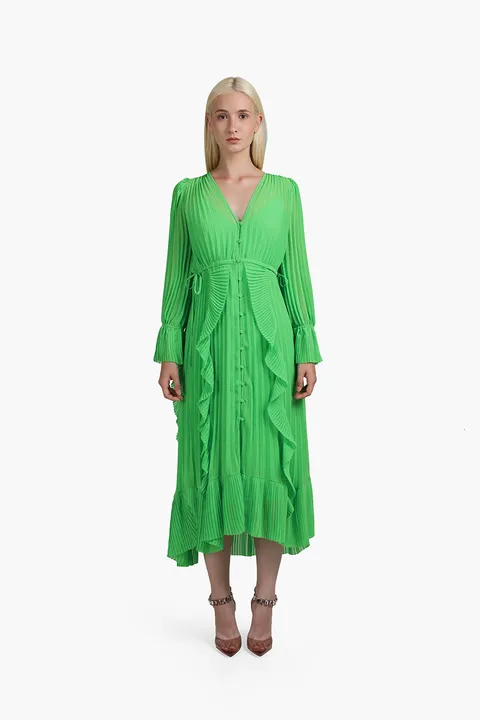 SELF-PORTRAIT Women Chiffon Ruffle Midi Dress in Green
