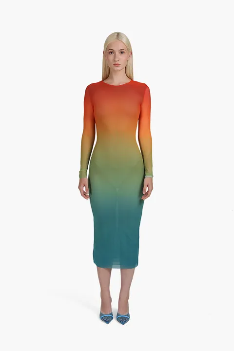 SELF-PORTRAIT Women Ombre Mesh Midi Dress in Red Multicolor