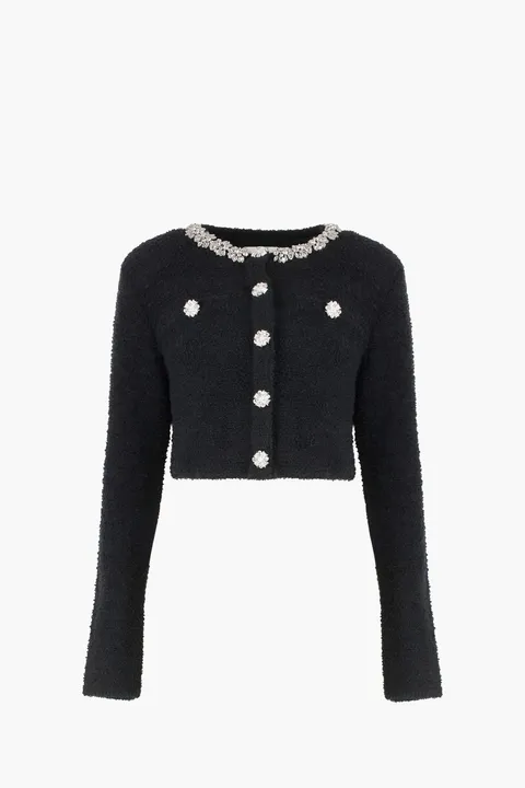 SELF-PORTRAIT Women Crystal Trim Cardigan in Black Polycotton