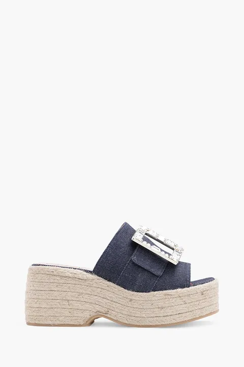 ROGER VIVIER Strass Vivier Buckle Espadrille Platform 85mm Mules in Blue Denim