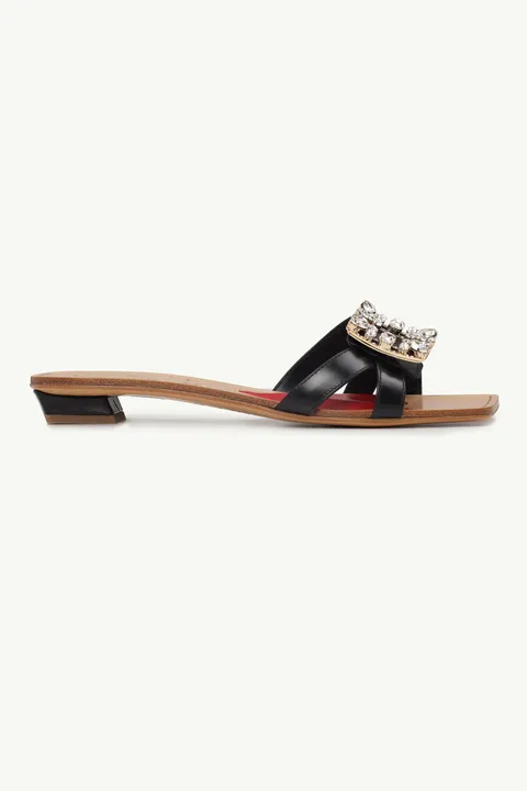 ROGER VIVIER Mini Broche Vivier Crystal Buckle Mules 25mm in Black Leather