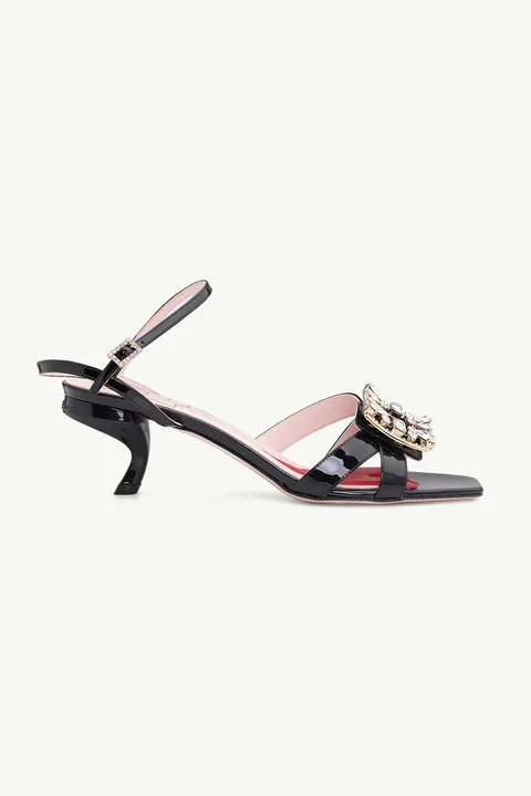 ROGER VIVIER Virgule Mini Broche Vivier Crystal Buckle Sandals 55mm in Black Patent Leather