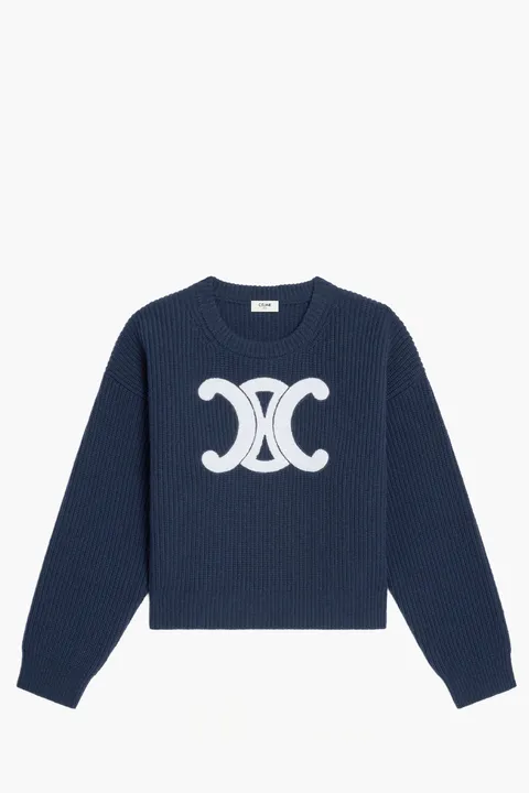 CELINE Women Triomphe Patch Crew Neck Sweater in Navy Ribbed Wool