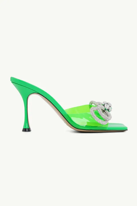 MACH & MACH Women Crystal Double Bow Square Toe PVC Mules 95mm in Fluo Green Patent