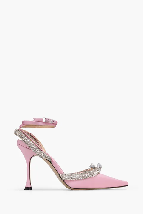 MACH & MACH Women Georgia Crystal Trimmed Ankle Strap Pumps 100mm in Pink Satin