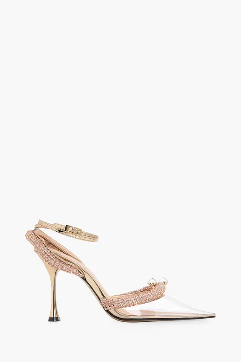 MACH & MACH Women Georgia Crystal Trimmed Ankle Strap PVC Pumps 100mm in Gold