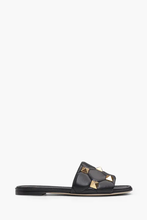 VALENTINO Women Roman Stud Slide Sandals in Black Quilted Leather