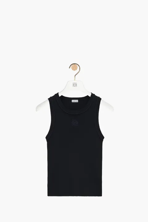 LOEWE Women Anagram Embroidered Slim Fit Tank Top in Black Stretch Viscose