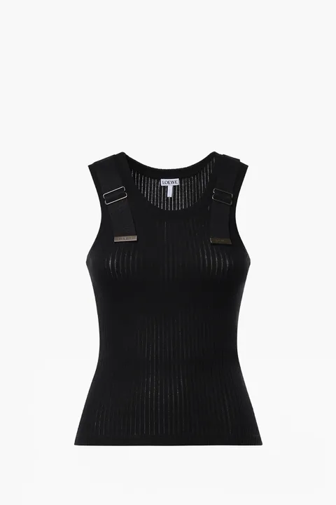 LOEWE Women Double L Embroidered Slim Fit Tank Top in Black Cotton Stretch