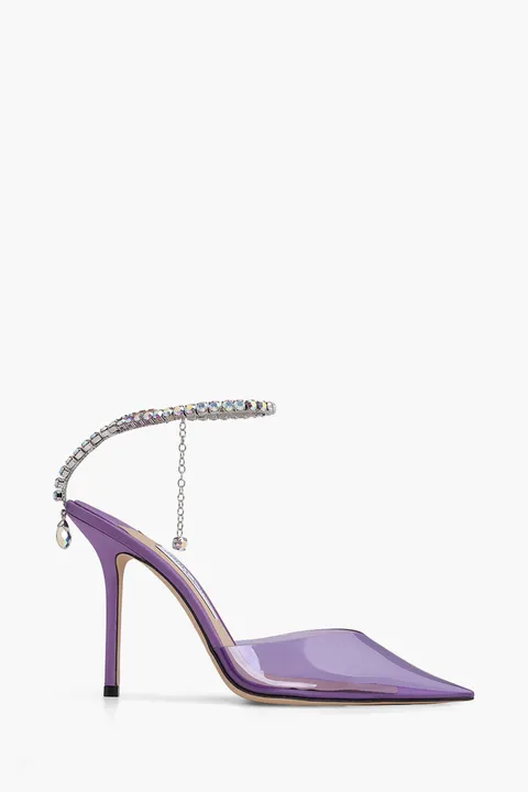 JIMMY CHOO Sarda Ankle Crystal Strap Heels 100mm in Wisteria/Aurora Plexiglass