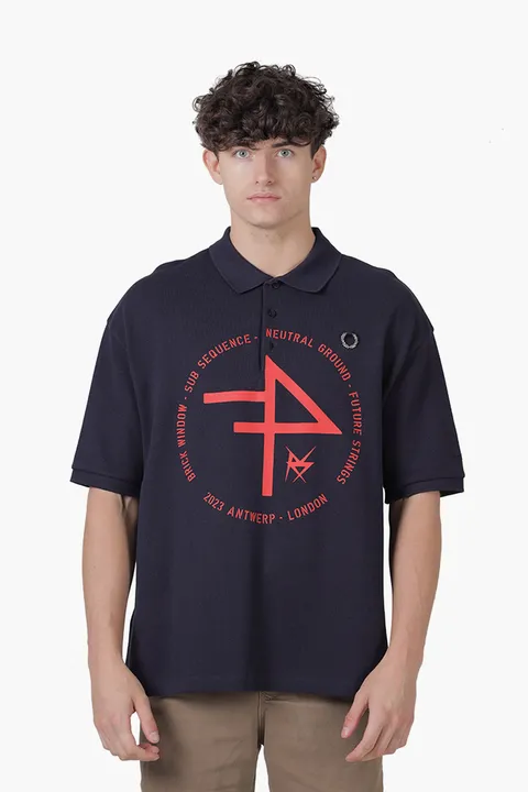 FRED PERRY X RAF SIMONS Men Oversized Printed Polo Shirt in Navy Blue