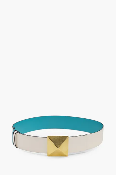 VALENTINO One Stud Reversible Belt 40mm in Light Ivory/Turquoise Calfskin