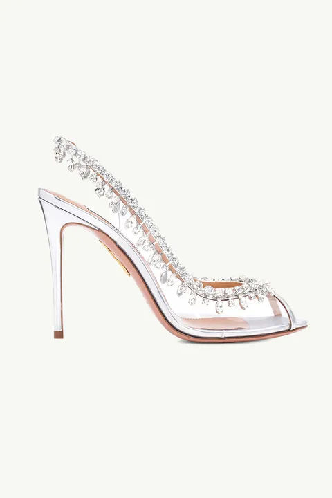 AQUAZZURA Temptation Crystal Slingback Sandals 105mm in Silver Nappa Leather