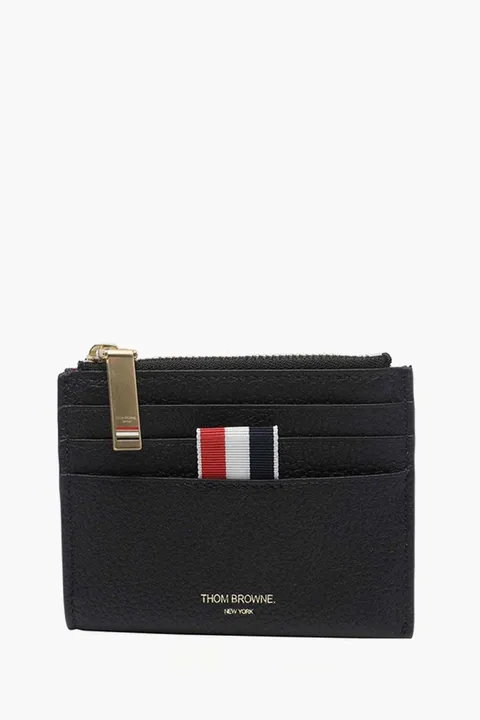 THOM BROWNE Zip Top RWB Stripe Card Holder in Black Soft Pebble Grain Leather