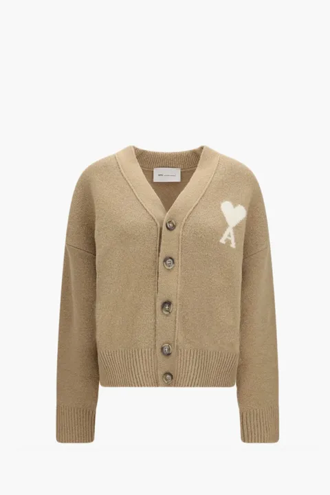 AMI Unisex Ami De Coeur Cardigan in Mastic Beige/Ecru Alpaca Knit