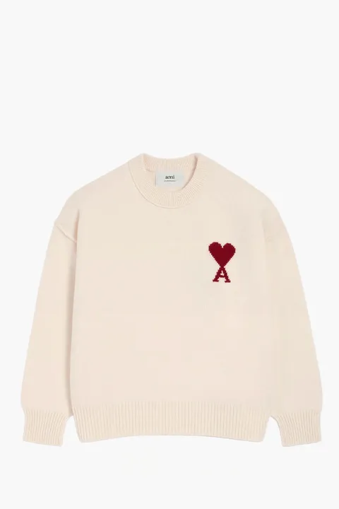 AMI Unisex De Coeur Sweater in Off White/Red Wool