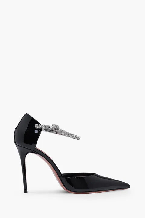 AMINA MUADDI Women Ursina Ankle Strap Pumps 95mm in Black Patent with Crystals