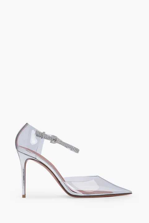 AMINA MUADDI Women Ursina Ankle Strap Pumps 95mm in Transparent with Crystals