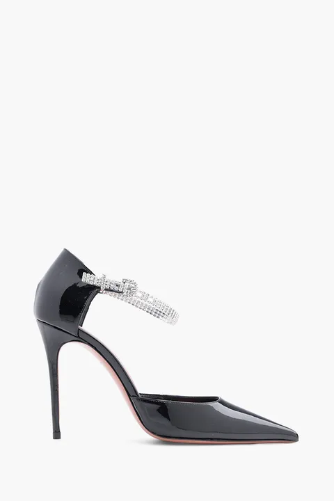 AMINA MUADDI Women Ursina Ankle Strap Pumps 105mm Black Patent with Crystals