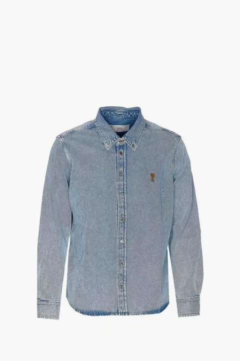 AMI Unisex Ami De Coeur Button-Down Denim Shirt in Used Blue Cotton